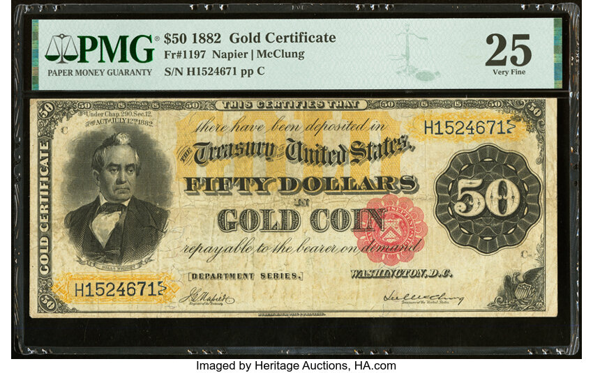 image for: Fr. 1197 $50 1882 Gold Certificate PMG Very Fine 25....