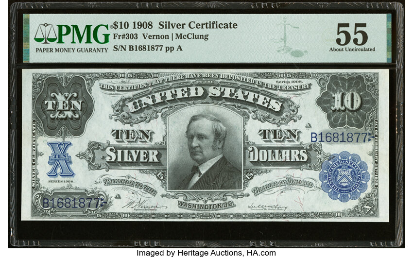 image for: Fr. 303 $10 1908 Silver Certificate PMG About Uncirculated 55....