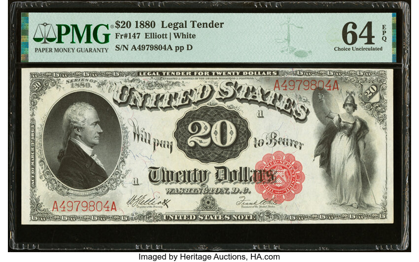 image for: Fr. 147 $20 1880 Legal Tender PMG Choice Uncirculated 64 EPQ....