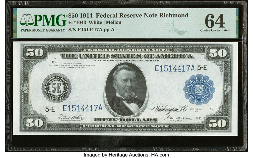 image for: Fr. 1043 $50 1914 Federal Reserve Note PMG Choice Uncirculated 64....