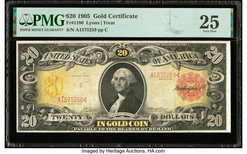 image for: Fr. 1180 $20 1905 Gold Certificate PMG Very Fine 25....