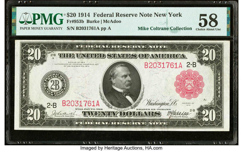 image for: Fr. 953b $20 1914 Red Seal Federal Reserve Note PMG Choice About Unc 58....