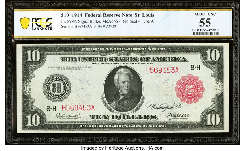 image for: Fr. 899a $10 1914 Red Seal Federal Reserve Note PCGS Banknote About Unc 55....
