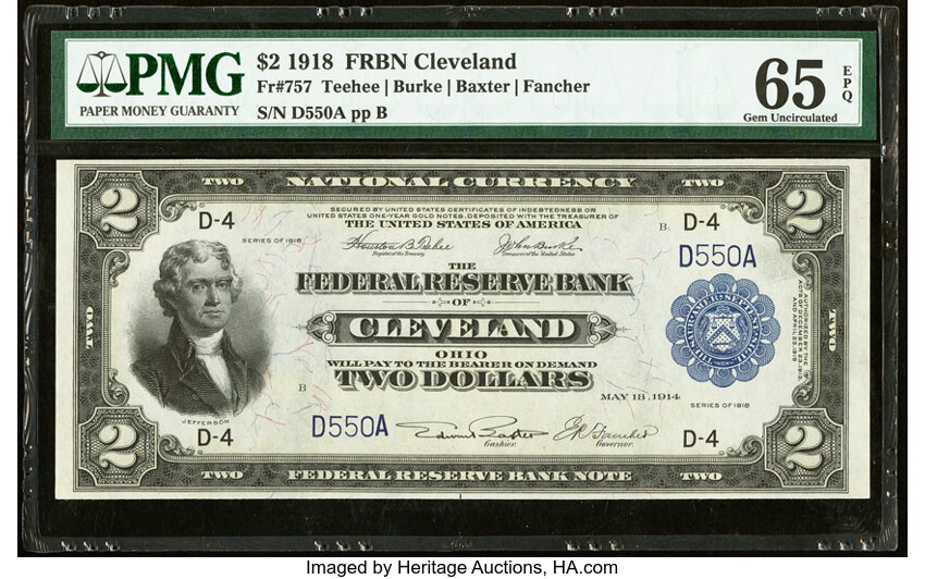 image for: Low Serial Number D550A Fr. 757 $2 1918 Federal Reserve Bank Note PMG Gem Uncirculated 65 EPQ....