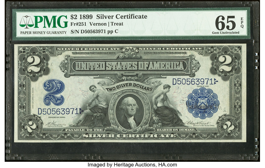 image for: Fr. 251 $2 1899 Silver Certificate PMG Gem Uncirculated 65 EPQ....