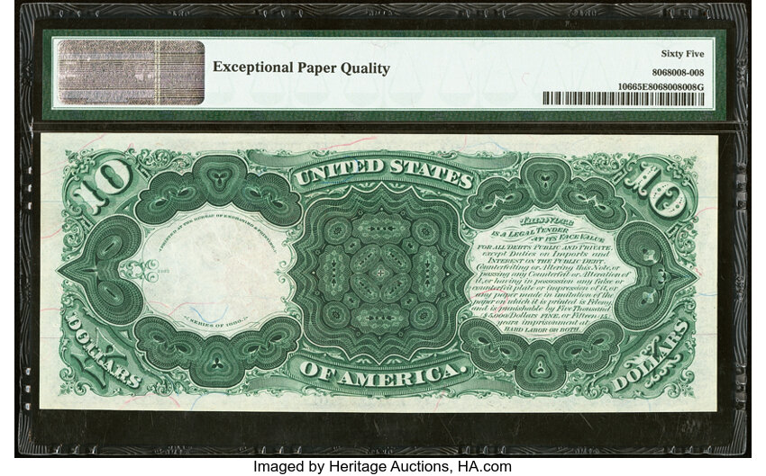 image for: Fr. 106 $10 1880 Legal Tender PMG Gem Uncirculated 65 EPQ....
