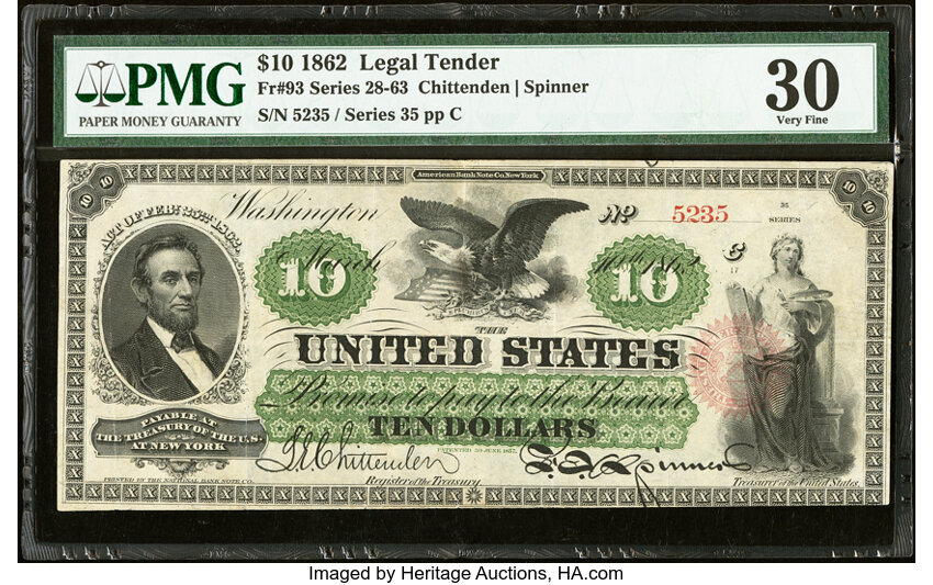 image for: Fr. 93 $10 1862 Legal Tender PMG Very Fine 30....