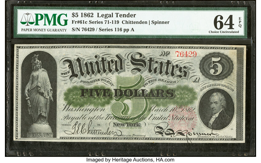 image for: Fr. 61c $5 1862 Legal Tender PMG Choice Uncirculated 64 EPQ....