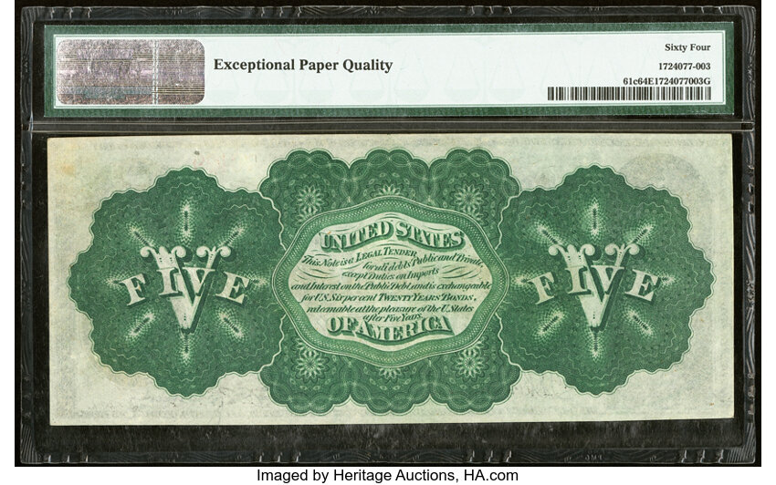 image for: Fr. 61c $5 1862 Legal Tender PMG Choice Uncirculated 64 EPQ....