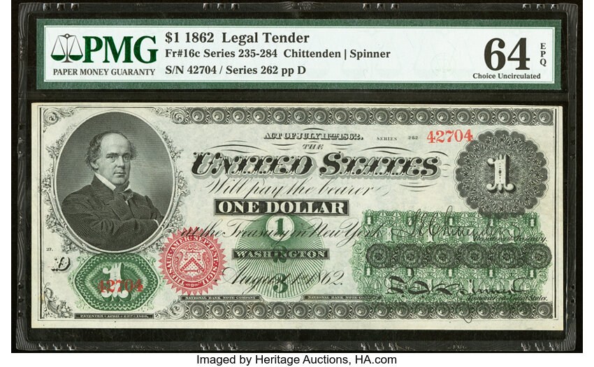 image for: Fr. 16c $1 1862 Legal Tender PMG Choice Uncirculated 64 EPQ....