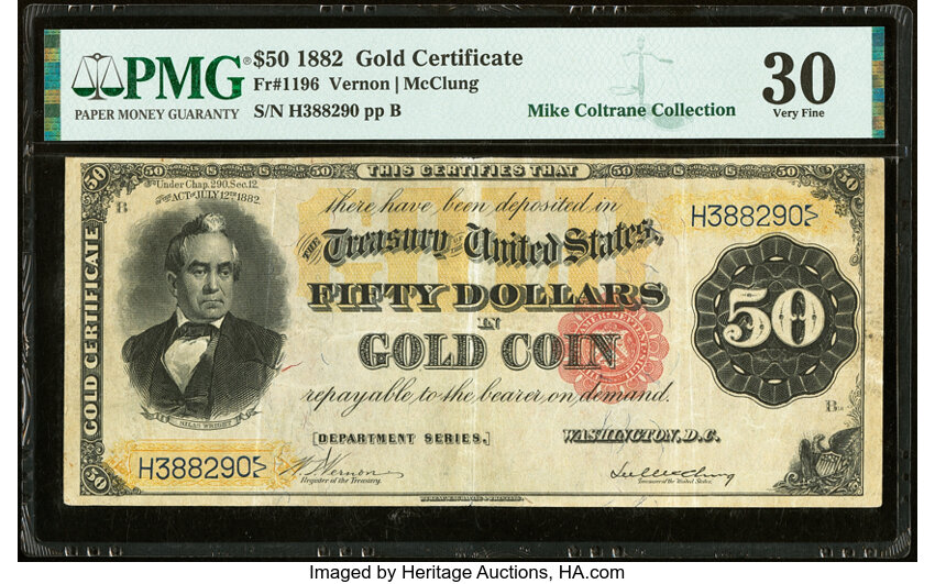 image for: Fr. 1196 $50 1882 Gold Certificate PMG Very Fine 30....