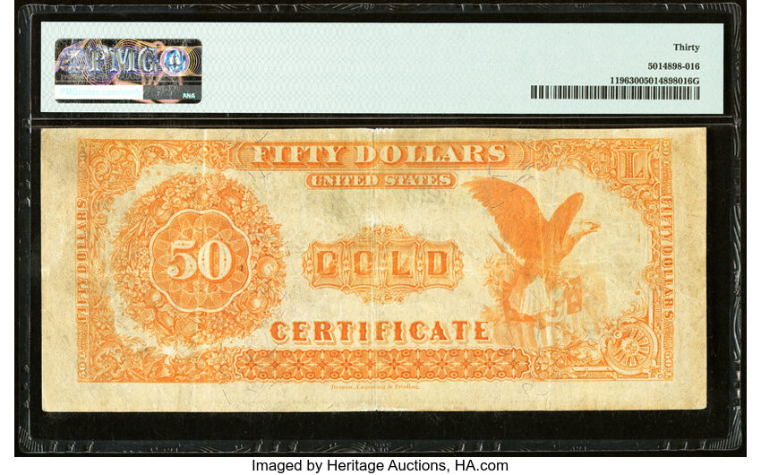 image for: Fr. 1196 $50 1882 Gold Certificate PMG Very Fine 30....