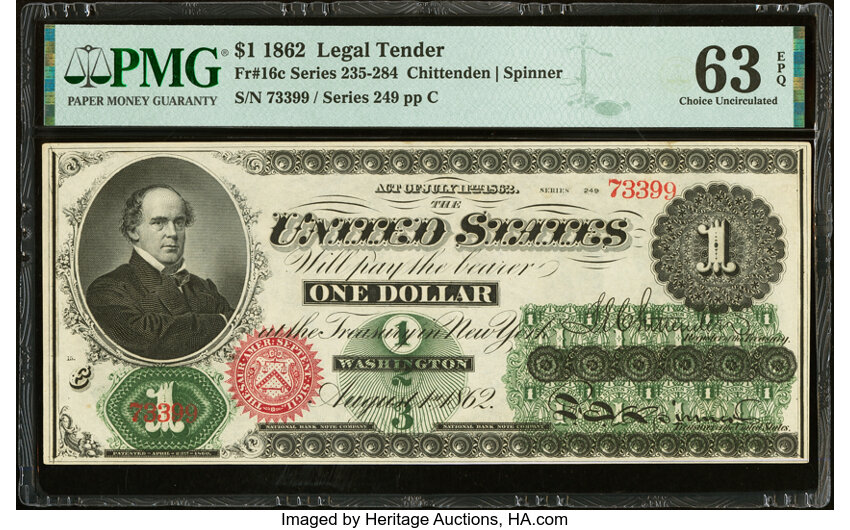 image for: Fr. 16c $1 1862 Legal Tender PMG Choice Uncirculated 63 EPQ....