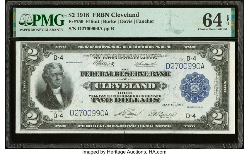 image for: Fr. 759 $2 1918 Federal Reserve Bank Note PMG Choice Uncirculated 64 EPQ....