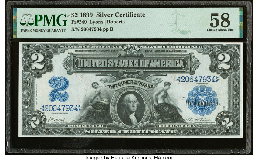 image for: Fr. 249 $2 1899 Silver Certificate PMG Choice About Unc 58....