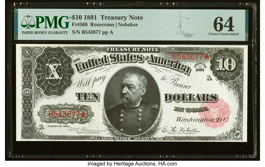 image for: Fr. 369 $10 1891 Treasury Note PMG Choice Uncirculated 64....