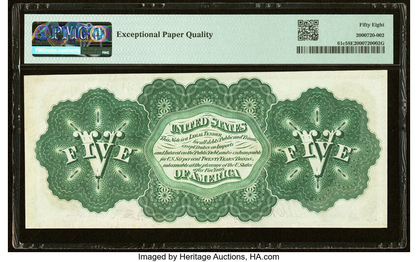 image for: Fr. 61c $5 1862 Legal Tender PMG Choice About Unc 58 EPQ....