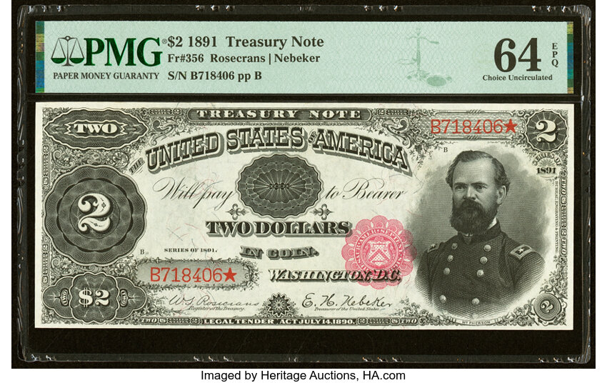 image for: Fr. 356 $2 1891 Treasury Note PMG Choice Uncirculated 64 EPQ....