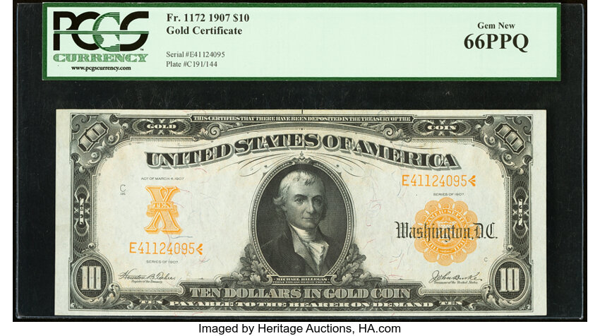 image for: Fr. 1172 $10 1907 Gold Certificate PCGS Gem New 66PPQ....