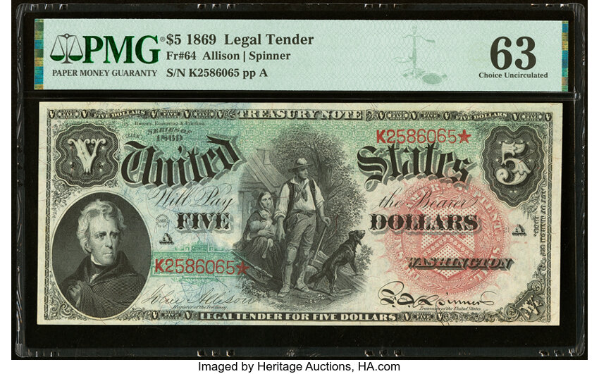 image for: Fr. 64 $5 1869 Legal Tender PMG Choice Uncirculated 63....