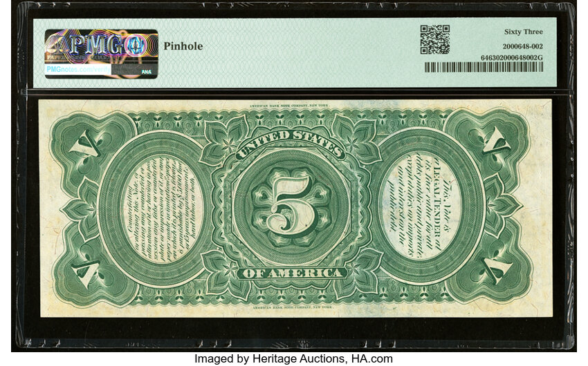 image for: Fr. 64 $5 1869 Legal Tender PMG Choice Uncirculated 63....