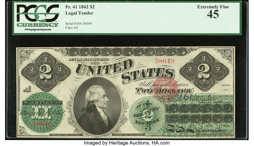 image for: Fr. 41 $2 1862 Legal Tender PCGS Extremely Fine 45....