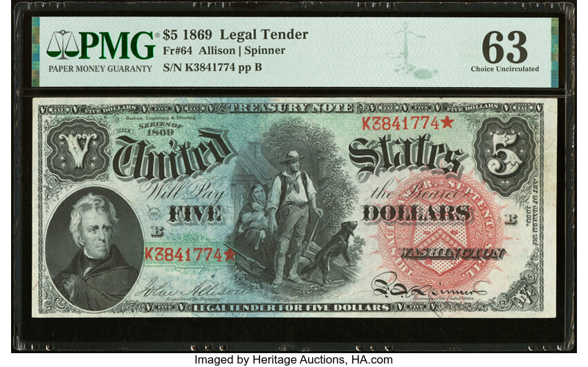 image for: Fr. 64 $5 1869 Legal Tender PMG Choice Uncirculated 63....