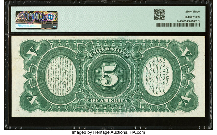image for: Fr. 64 $5 1869 Legal Tender PMG Choice Uncirculated 63....