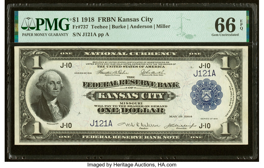 image for: Low Serial Number J121A Fr. 737 $1 1918 Federal Reserve Bank Note PMG Gem Uncirculated 66 EPQ....