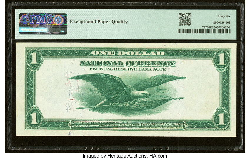 image for: Low Serial Number J121A Fr. 737 $1 1918 Federal Reserve Bank Note PMG Gem Uncirculated 66 EPQ....