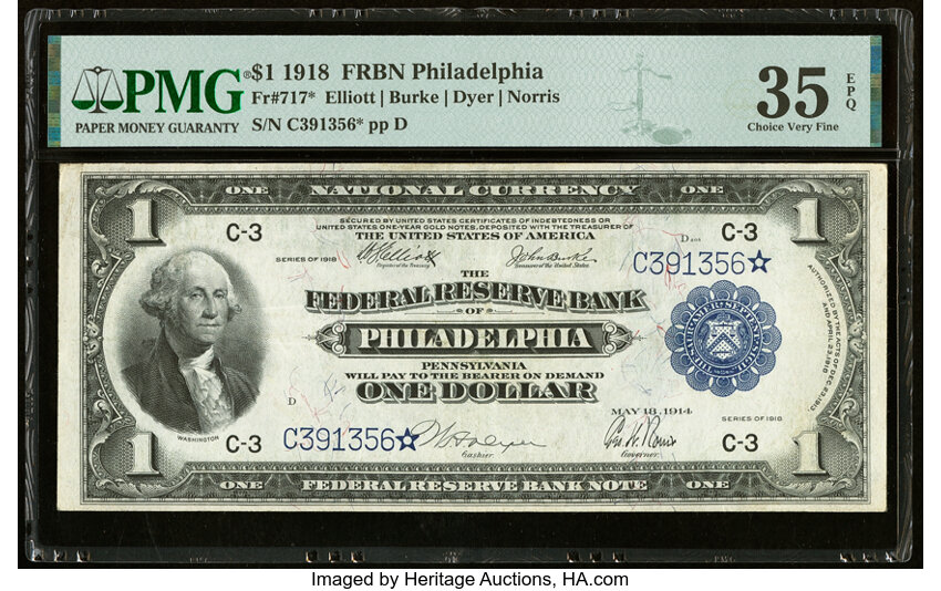 image for: Fr. 717* $1 1918 Federal Reserve Bank Star Note PMG Choice Very Fine 35 EPQ....