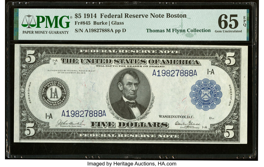 image for: Fr. 845 $5 1914 Federal Reserve Note PMG Gem Uncirculated 65 EPQ....
