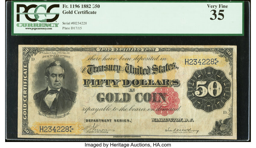 image for: Fr. 1196 $50 1882 Gold Certificate PCGS Very Fine 35....