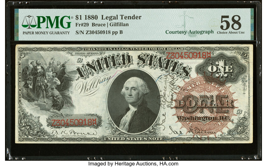image for: James Gilfillan Courtesy Autographed Fr. 29 $1 1880 Legal Tender PMG Choice About Unc 58....