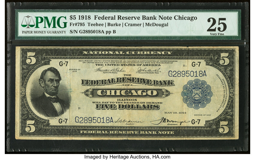 image for: Fr. 795 $5 1918 Federal Reserve Bank Note PMG Very Fine 25....