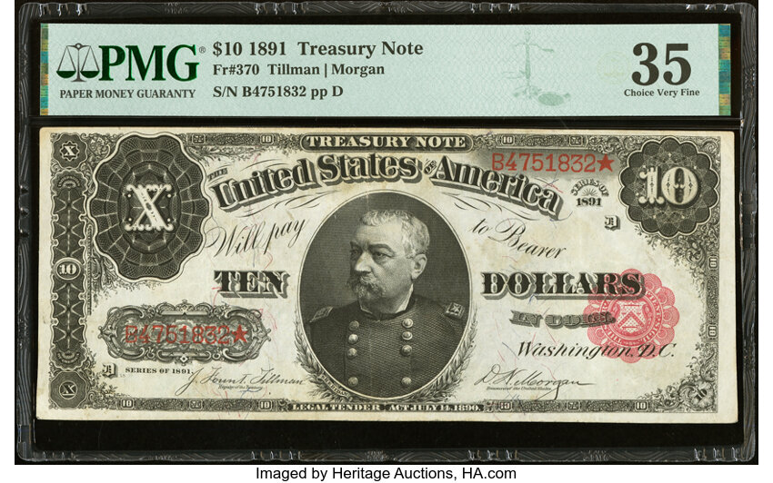image for: Fr. 370 $10 1891 Treasury Note PMG Choice Very Fine 35....