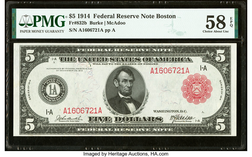 image for: Fr. 832b $5 1914 Red Seal Federal Reserve Note PMG Choice About Unc 58 EPQ....