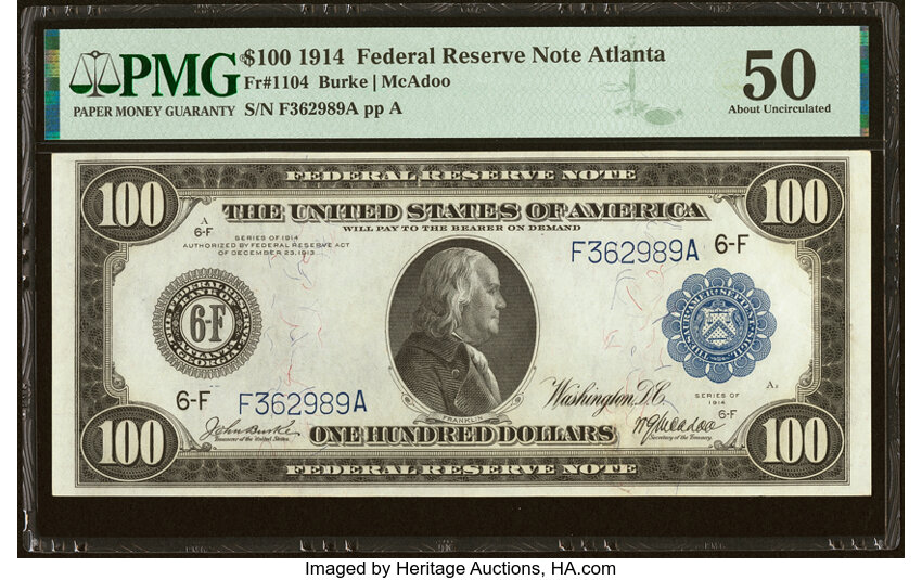 image for: Fr. 1104 $100 1914 Federal Reserve Note PMG About Uncirculated 50....