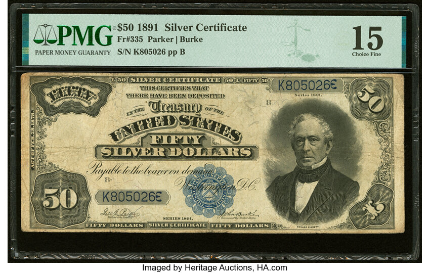 image for: Fr. 335 $50 1891 Silver Certificate PMG Choice Fine 15....
