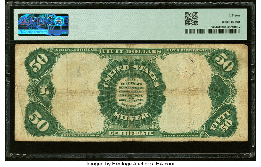 image for: Fr. 335 $50 1891 Silver Certificate PMG Choice Fine 15....