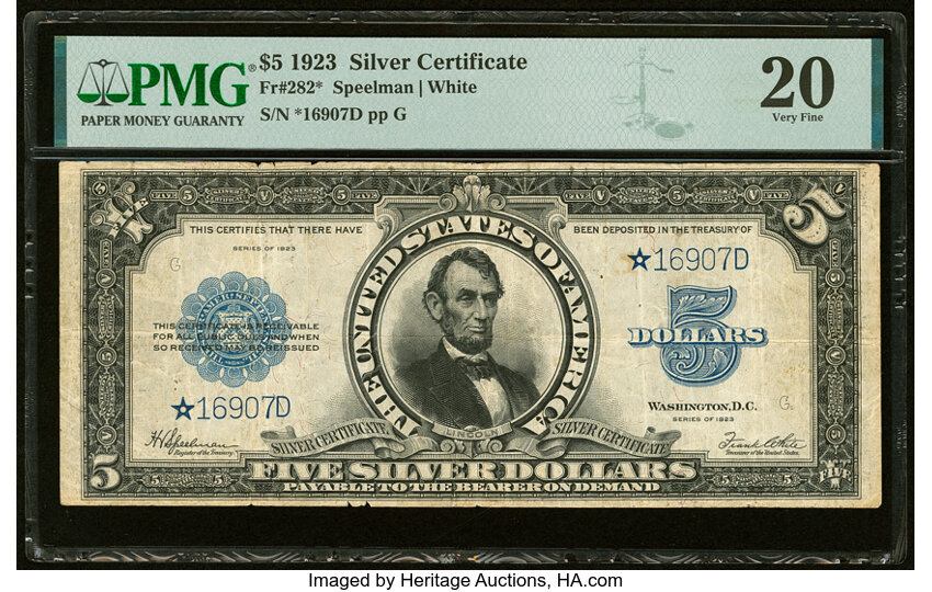 image for: Fr. 282* $5 1923 Silver Certificate Star Note PMG Very Fine 20....