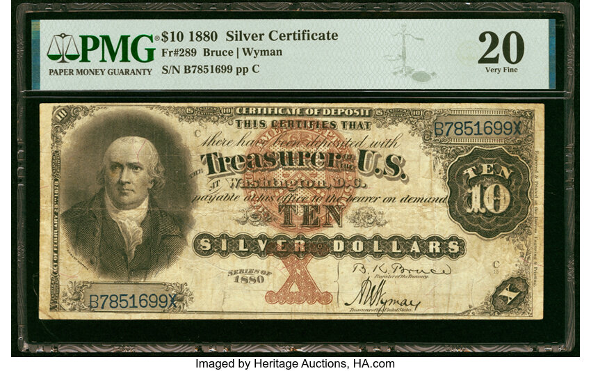 image for: Fr. 289 $10 1880 Silver Certificate PMG Very Fine 20....