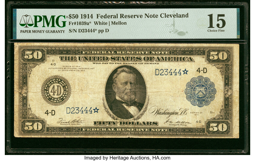 image for: Fr. 1039a* $50 1914 Federal Reserve Star Note PMG Choice Fine 15....