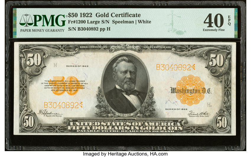 image for: Fr. 1200 $50 1922 Gold Certificate PMG Extremely Fine 40 EPQ....