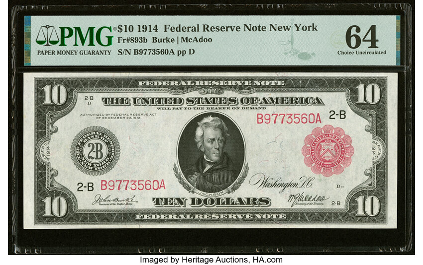 image for: Fr. 893b $10 1914 Red Seal Federal Reserve Note PMG Choice Uncirculated 64....