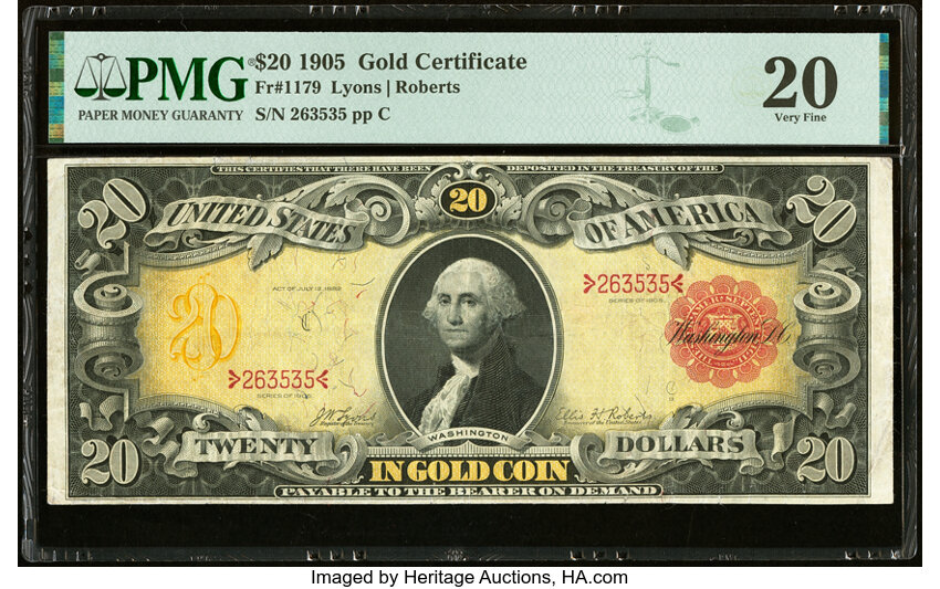 image for: Fr. 1179 $20 1905 Gold Certificate PMG Very Fine 20....