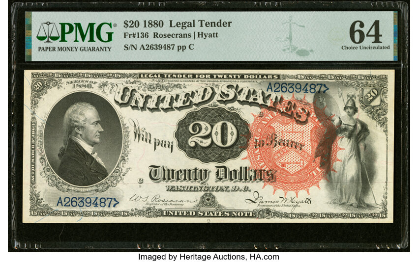 image for: Fr. 136 $20 1880 Legal Tender PMG Choice Uncirculated 64....