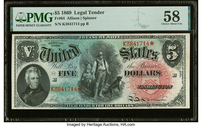 image for: Fr. 64 $5 1869 Legal Tender PMG Choice About Unc 58....