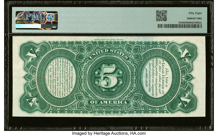 image for: Fr. 64 $5 1869 Legal Tender PMG Choice About Unc 58....