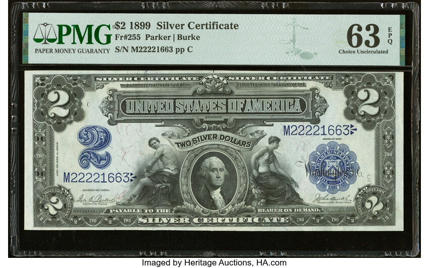 image for: Fr. 255 $2 1899 Silver Certificate PMG Choice Uncirculated 63 EPQ....